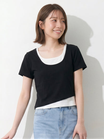 配色切り替え スリム見え フェイクレイヤード 半袖Tシャツ
