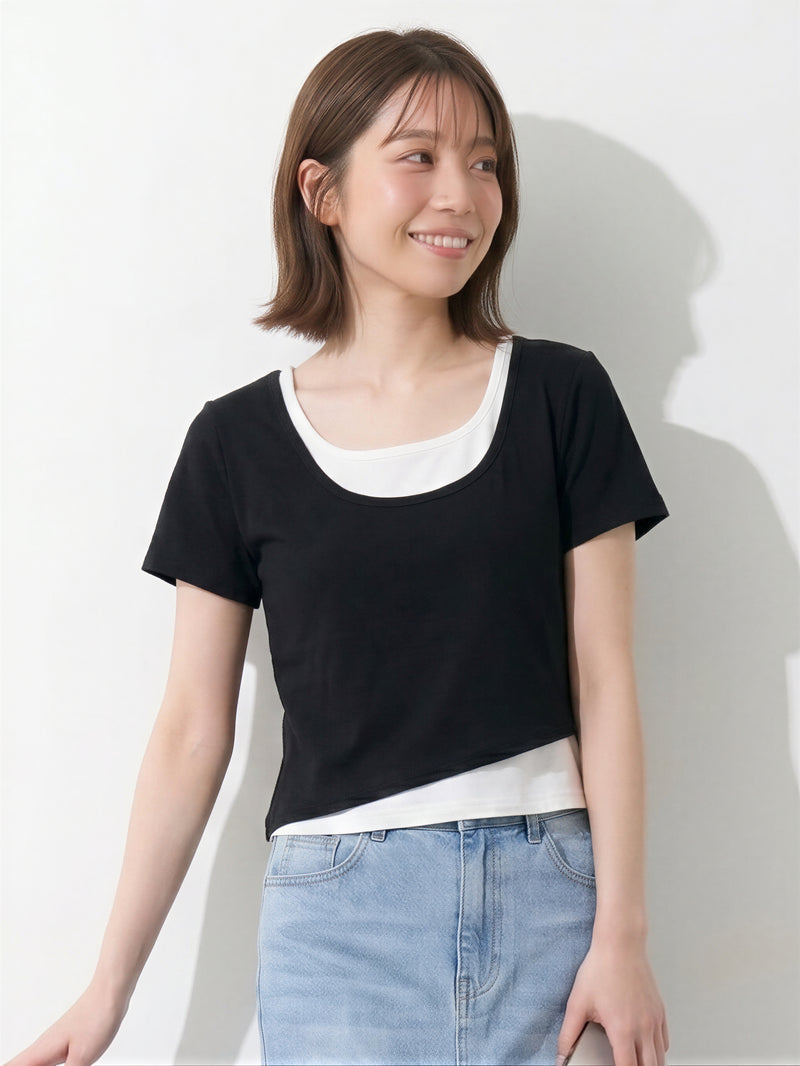配色切り替え スリム見え フェイクレイヤード 半袖Tシャツ