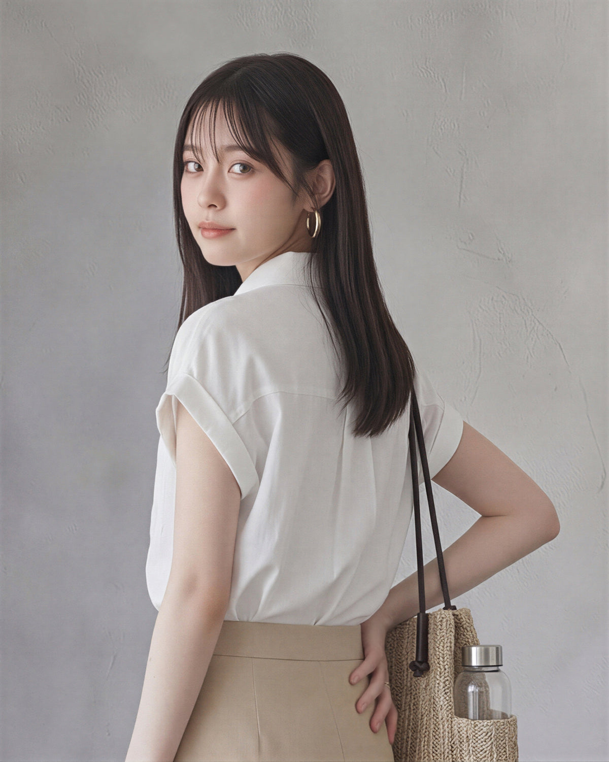 襟付きフロントボタン ロールアップ袖 ゆったり半袖シャツ