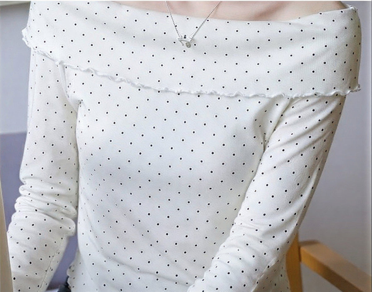 オフショル風 フリルネック 小ドット柄 フィットTシャツ
