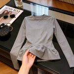 S~2XL ウエストシェイプ ペプラム裾 長袖Tシャツ