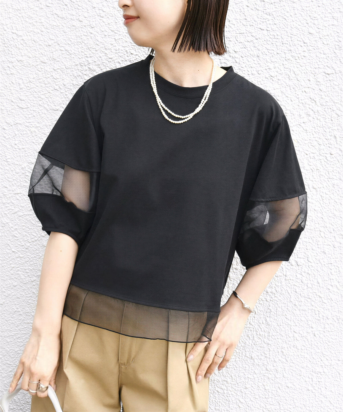 オーガンジー切り替えパフスリーブTシャツ
