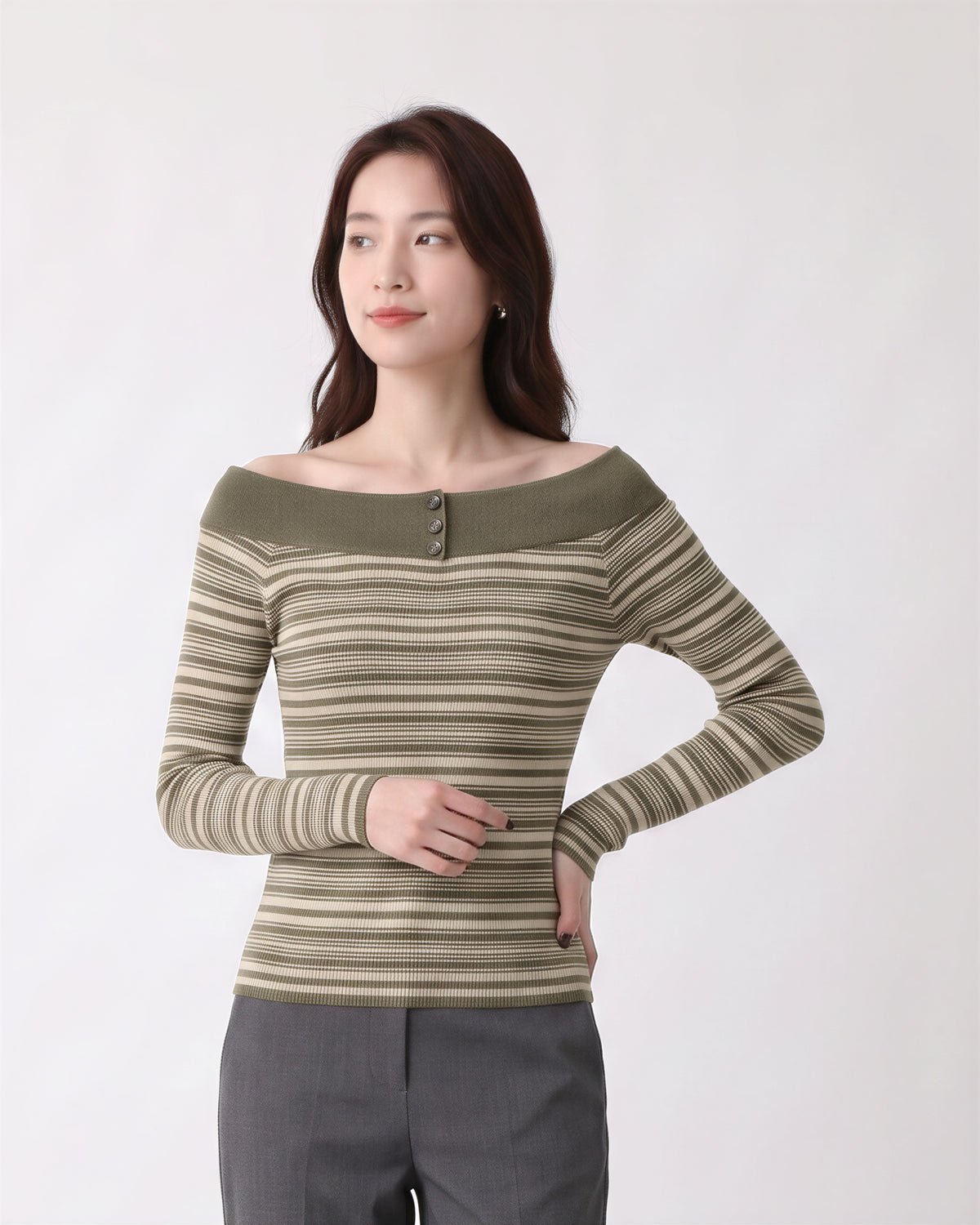 【秋新作】S~XL オフショルダー ボーダー スリムニットトップス