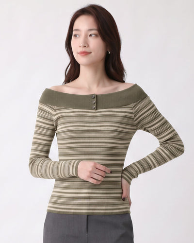【秋新作】S~XL オフショルダー ボーダー スリムニットトップス