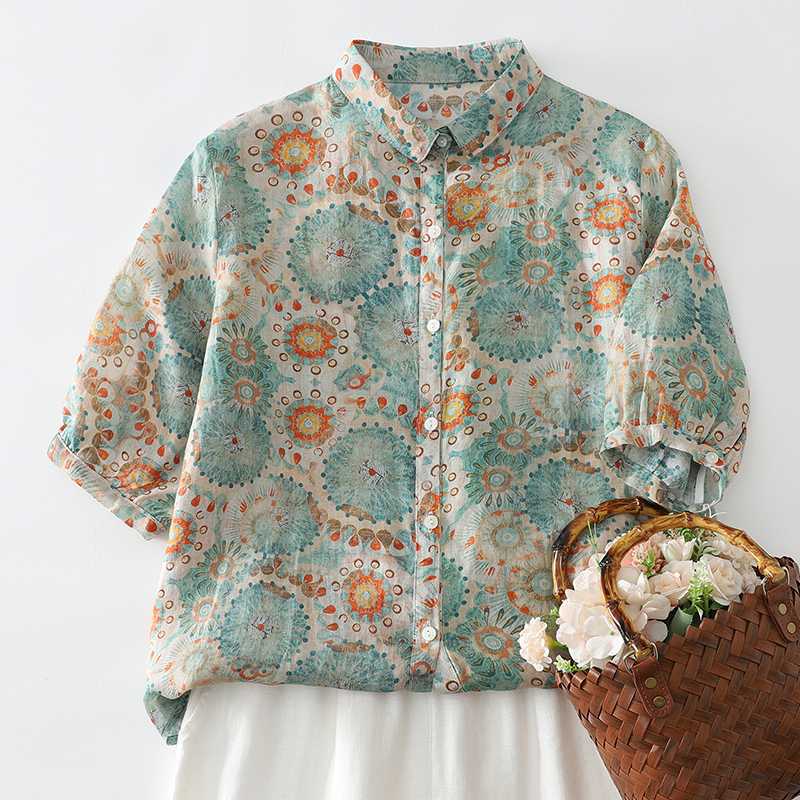 M~2XL ブルー×オレンジプリント ルーズフィット 開襟シャツ