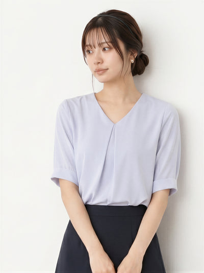 Vネック タック入り ロール袖 シフォンブラウス