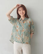 M~2XL ブルー×オレンジプリント ルーズフィット 開襟シャツ