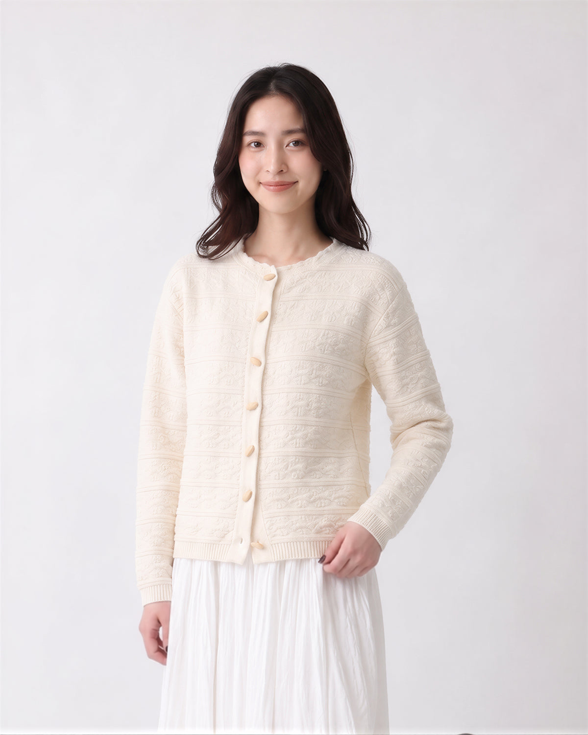 S~XL 立体感のあるテクスチャー クルーネック ショート丈ニットカーディガン