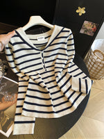 【全2色】S~L ボーダー スリムフィット Vネック ニットTシャツ
