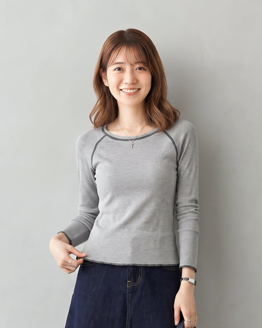 【秋新作】S~XLスリム配色トリム ラグランTシャツ