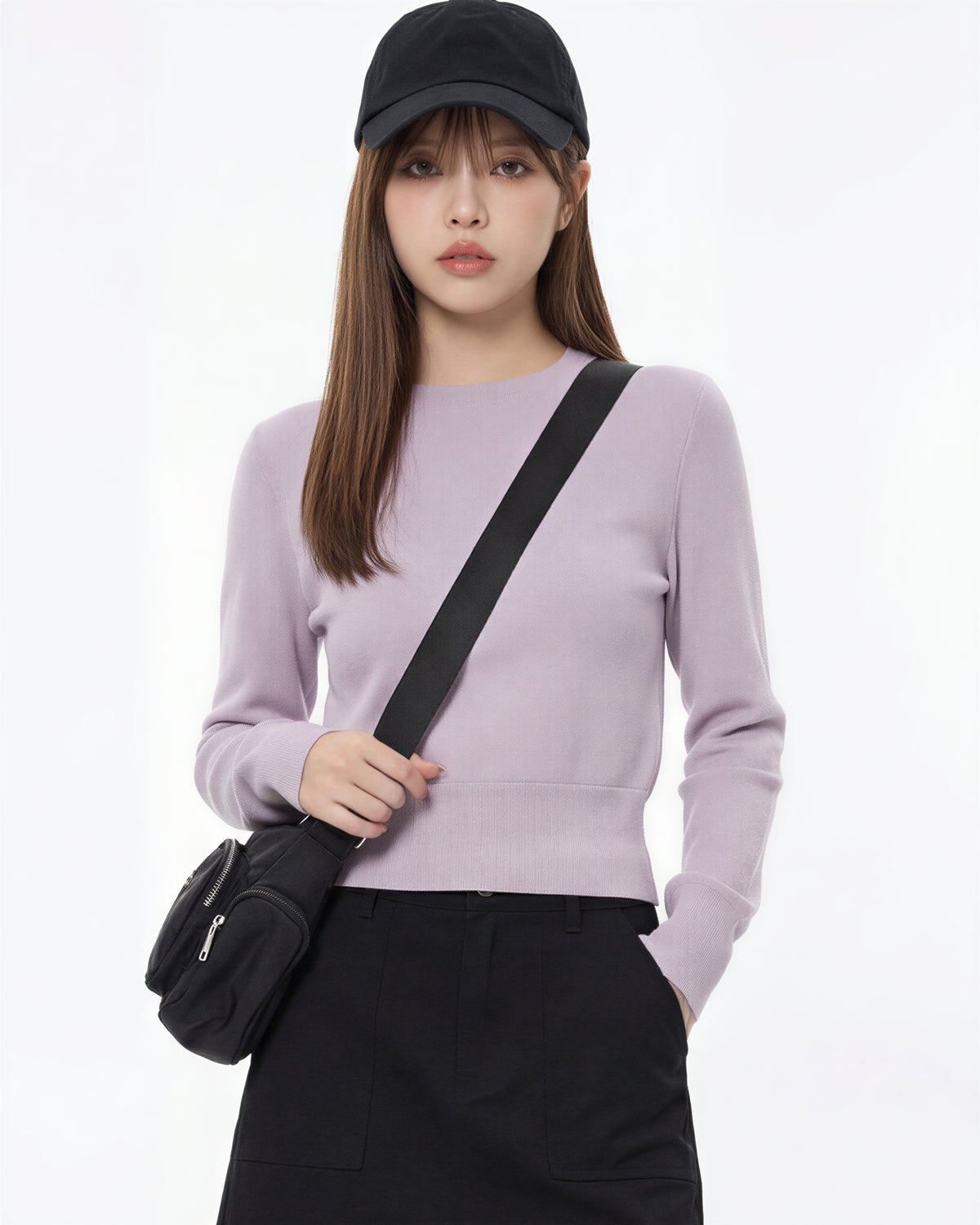 ショート丈 ウエストシェイプ ハイウエスト見え すっきりフィット クルーネック 長袖Tシャツ