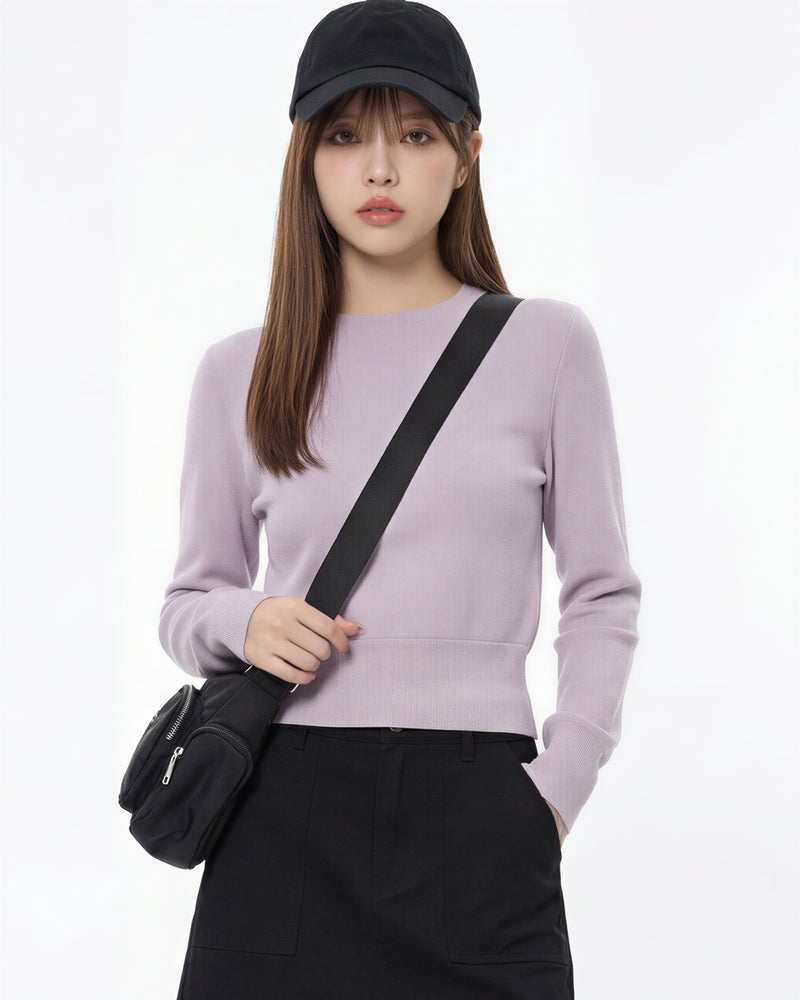 ショート丈 ウエストシェイプ ハイウエスト見え すっきりフィット クルーネック 長袖Tシャツ