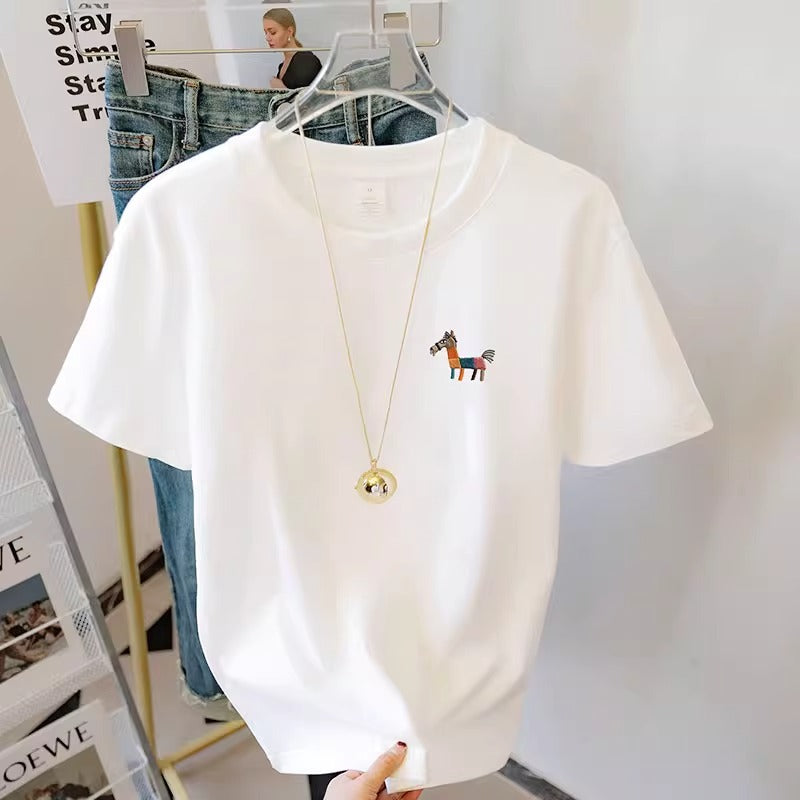 シンプル クルーネック ポニー刺繍Tシャツ