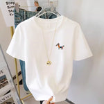 シンプル クルーネック ポニー刺繍Tシャツ