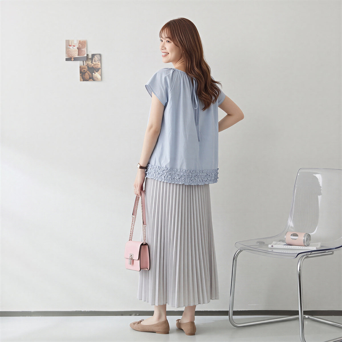 S～4XL ギャザー入りラウンドネック ペプラムヘムデザイン T シャツ