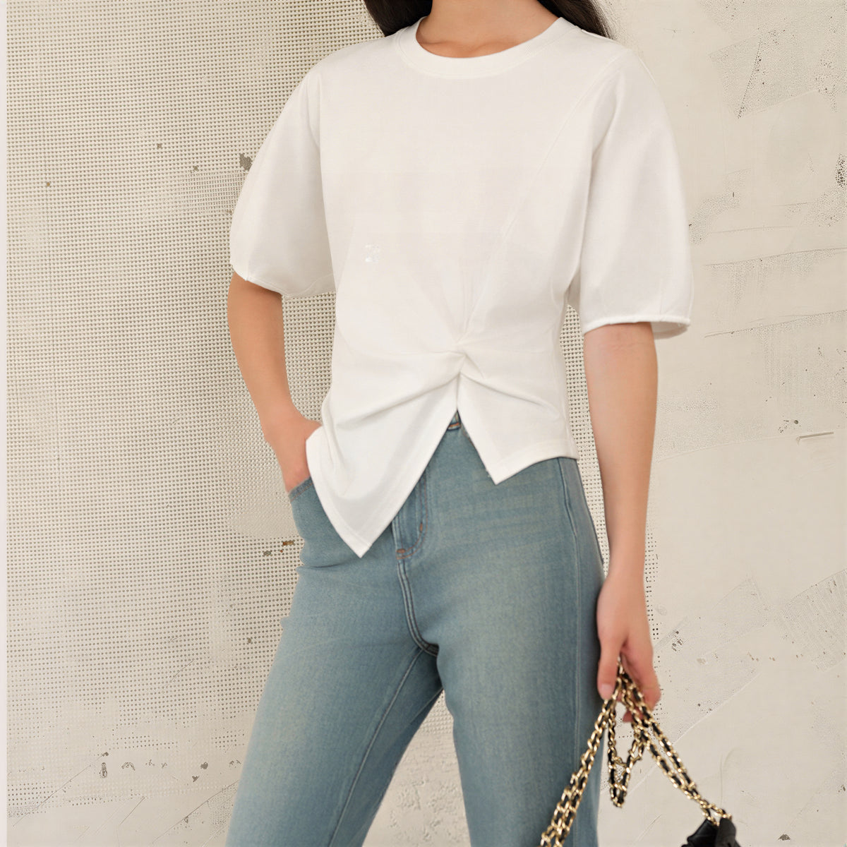 ツイストデザイン 不規則ヘム パフスリーブ 半袖Tシャツ