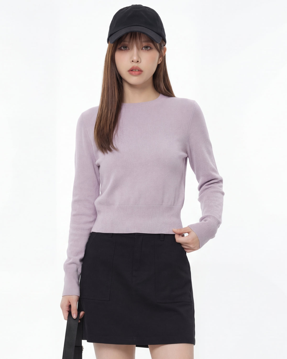 ショート丈 ウエストシェイプ ハイウエスト見え すっきりフィット クルーネック 長袖Tシャツ-ラベンダー X ライトベージュ-L