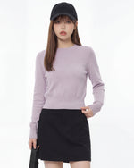 ショート丈 ウエストシェイプ ハイウエスト見え すっきりフィット クルーネック 長袖Tシャツ-ラベンダー X ライトベージュ-L