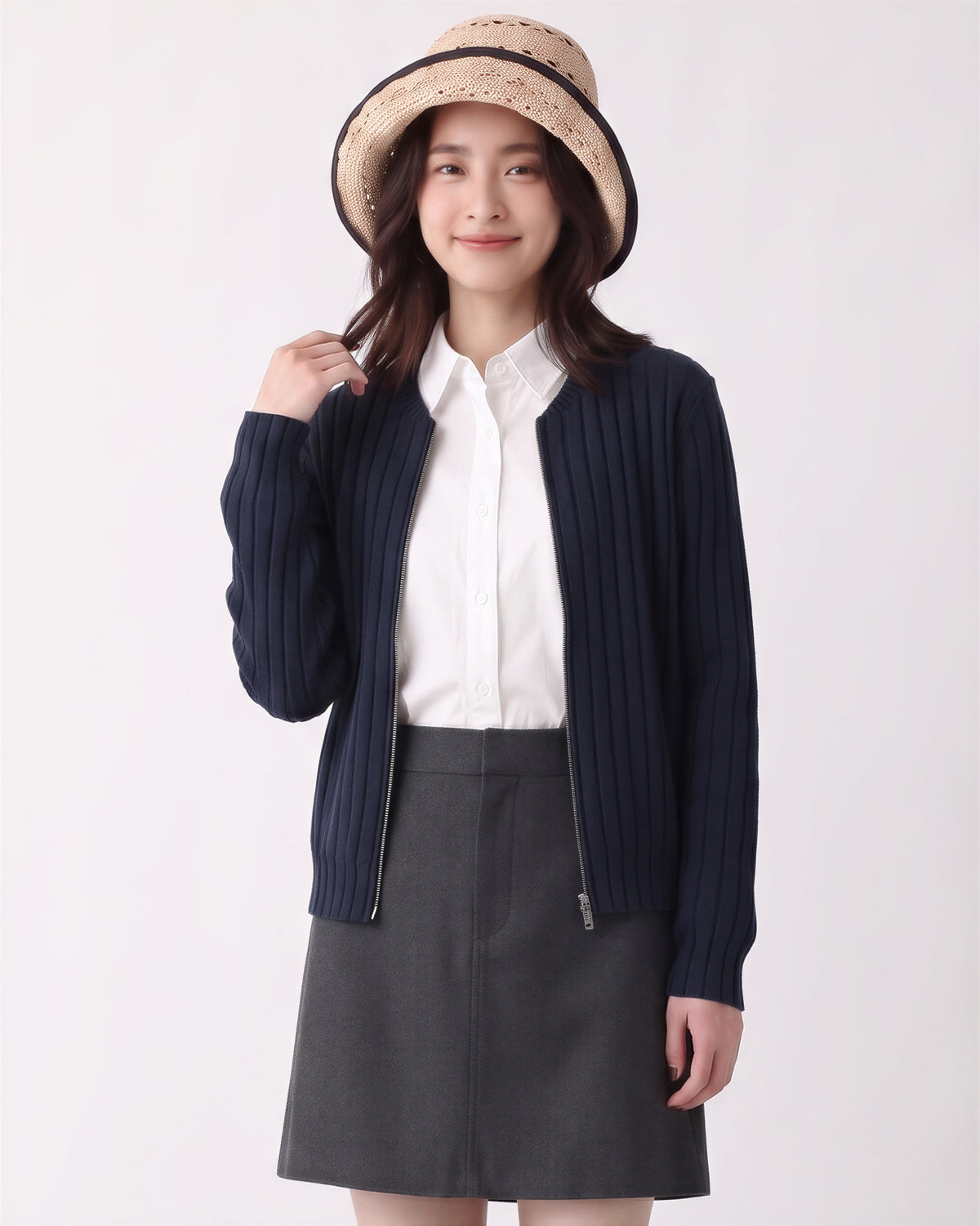 【秋新作】【全2色】S~2XL 縦リブ スリムフィット ショート丈 ニットカーディガン