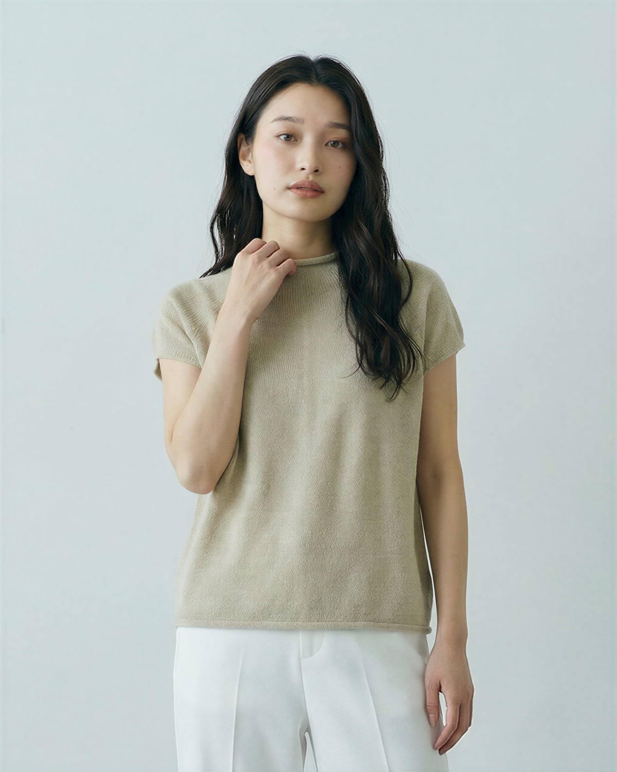 スタンドカラー 切りっぱなし風 半袖Tシャツ