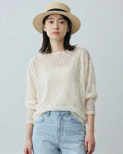オートミールカラー ジャカード 透け感 ドルマンスリーブ 長袖Tシャツ