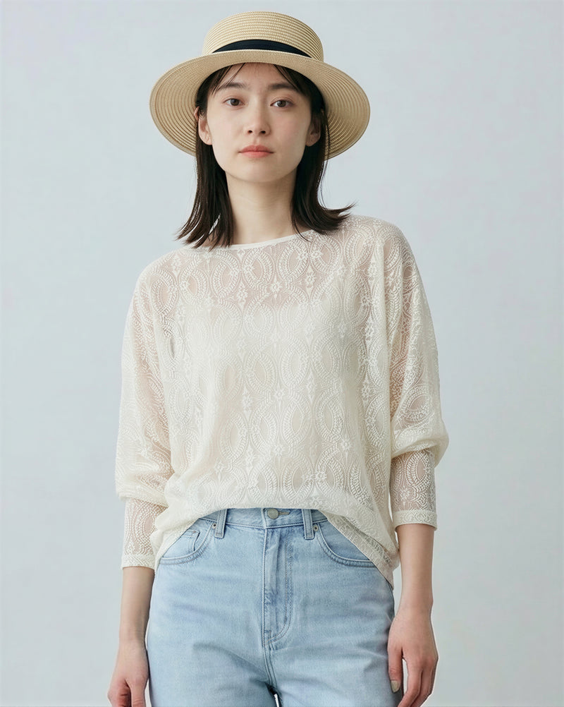 オートミールカラー ジャカード 透け感 ドルマンスリーブ 長袖Tシャツ