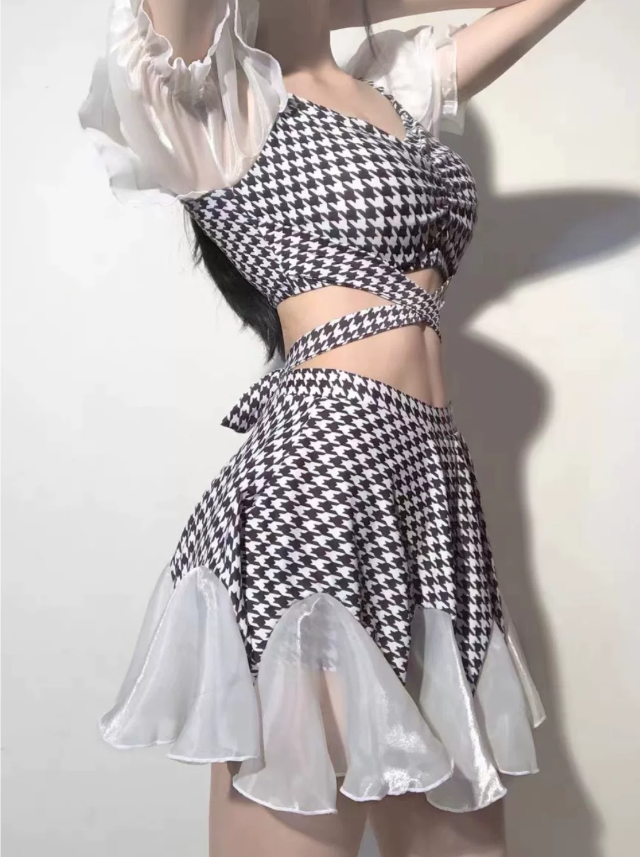 千鳥格子 フリルスリーブ ハイウエスト セパレートスカート風水着