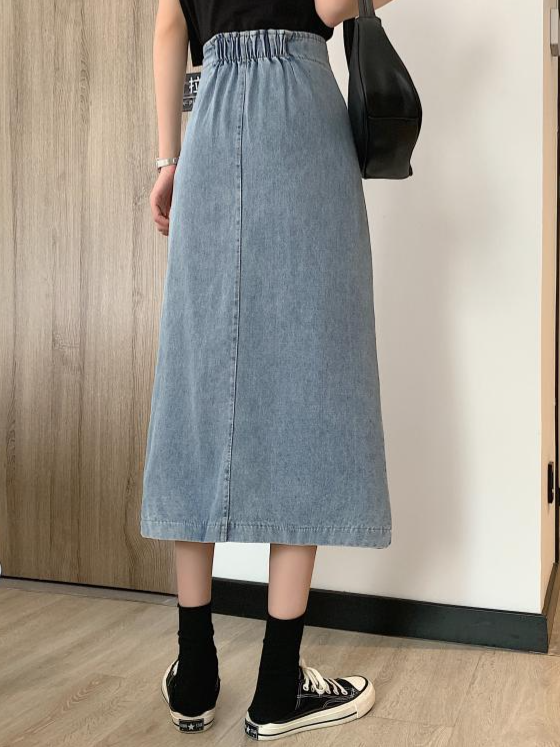 ハイウエスト スリット入り ストレート デニムスカート