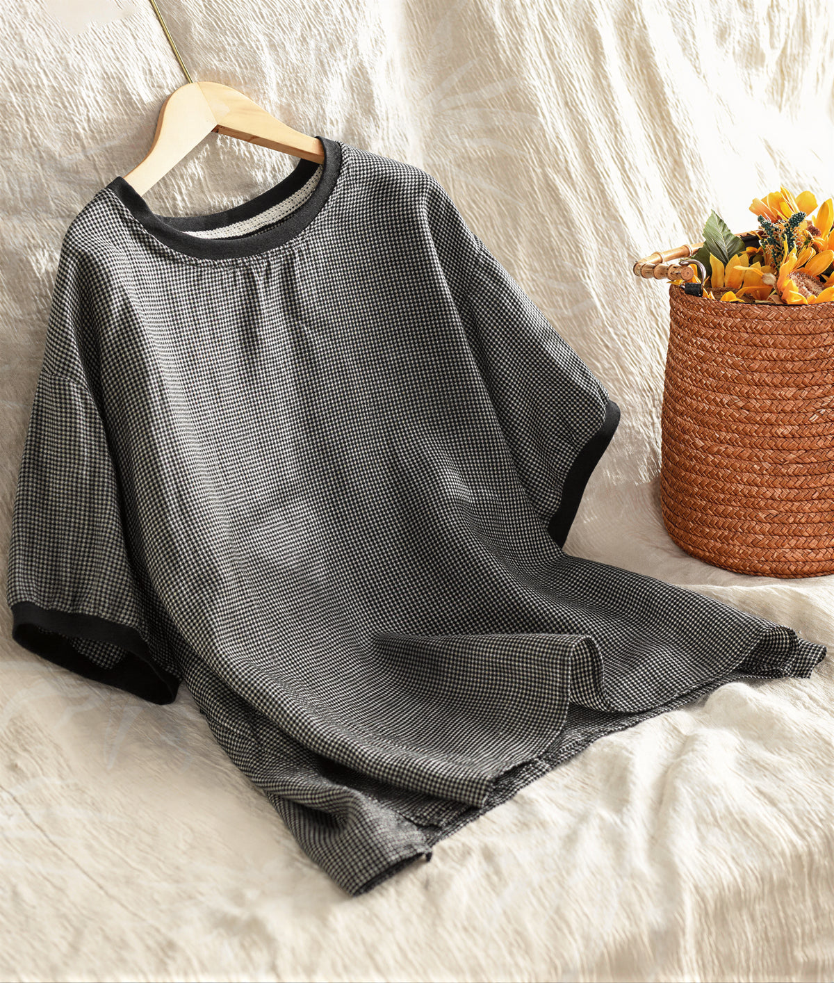 M-2XL ゆったりドロップショルダー チェックプルオーバー