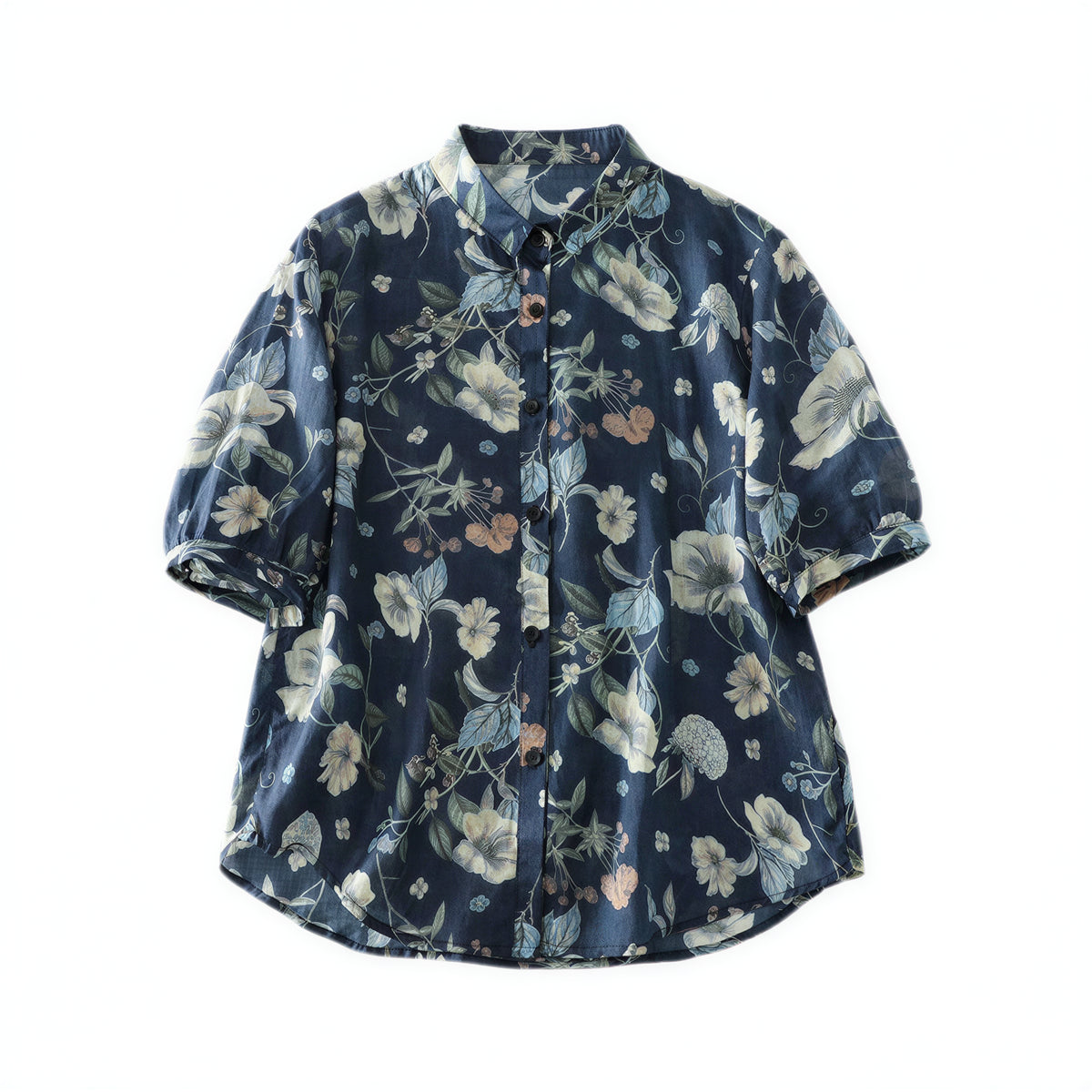 M~2XL レトロフラワープリント ブルーシャツ