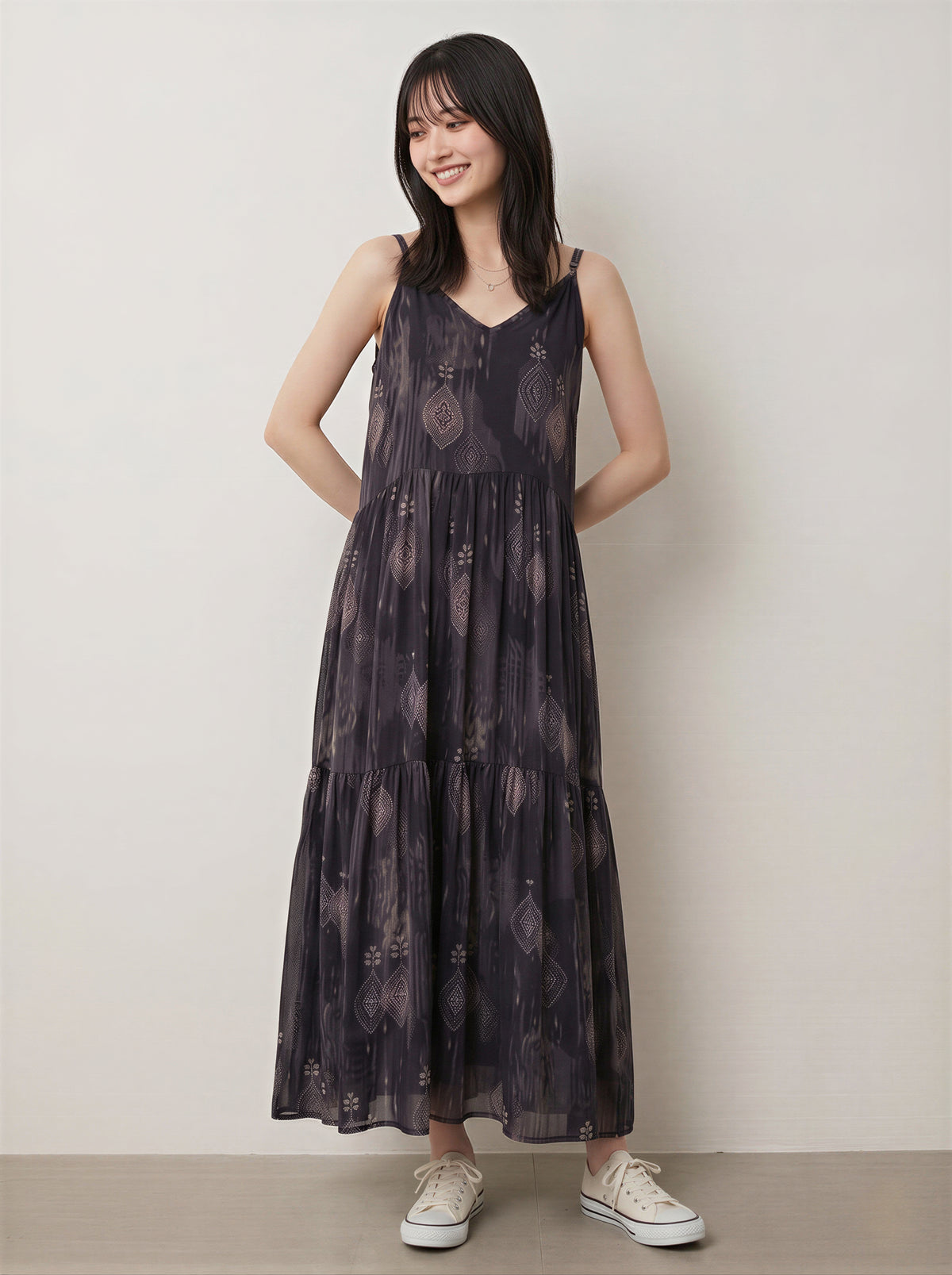 M~2XL プリントVネック ゆったりキャミソールワンピース