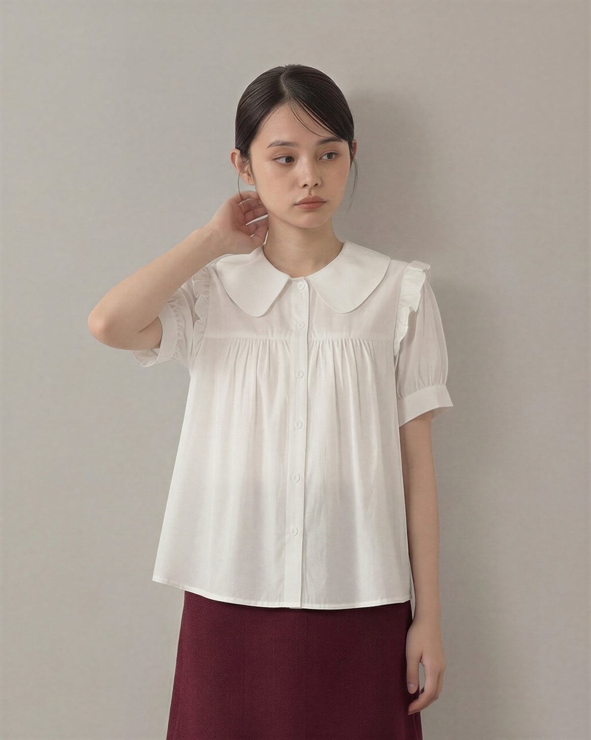 ビッグカラー フリル袖 プリーツ シフォンブラウス-ホワイト-3XL
