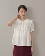 ビッグカラー フリル袖 プリーツ シフォンブラウス-ホワイト-3XL