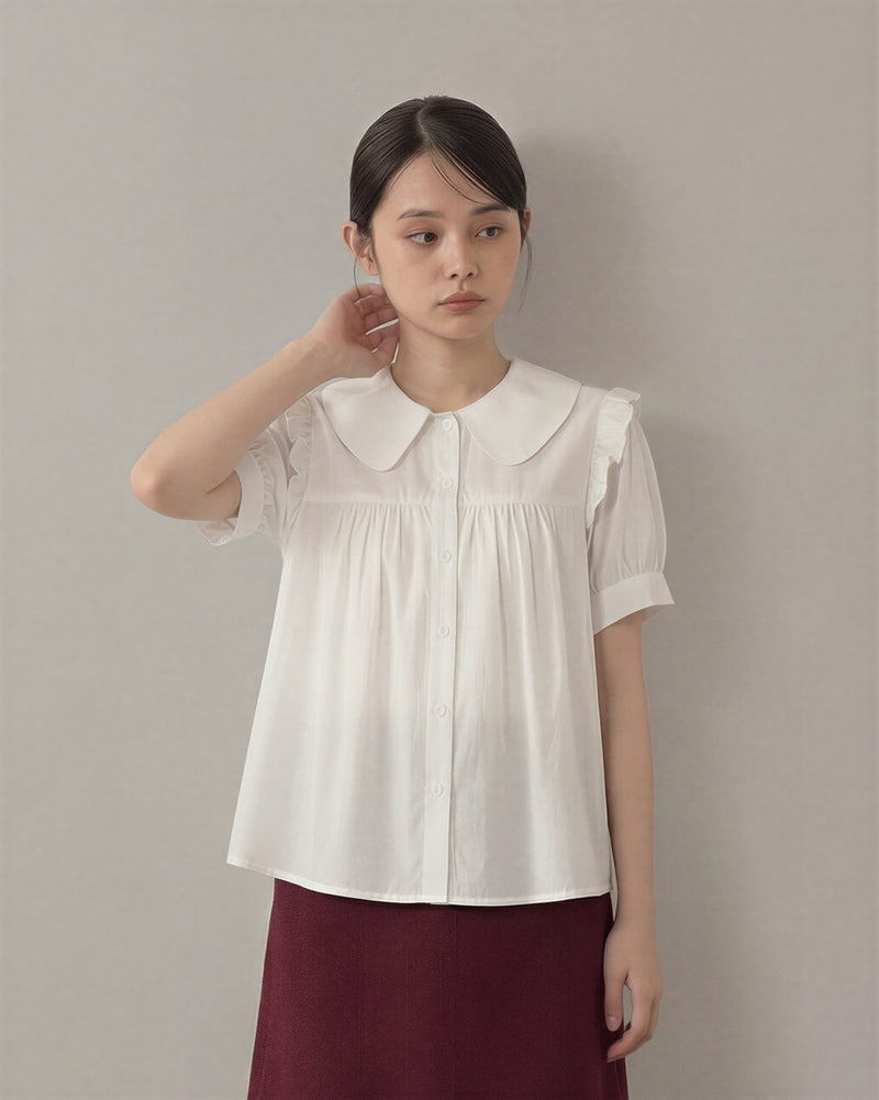 ビッグカラー フリル袖 プリーツ シフォンブラウス-ホワイト-3XL