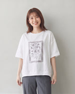 ゆったりドロップショルダー フラワープリントTシャツ-ホワイト-2XL