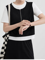 配色切り替えファスナー付きフェイクレイヤード半袖Tシャツ