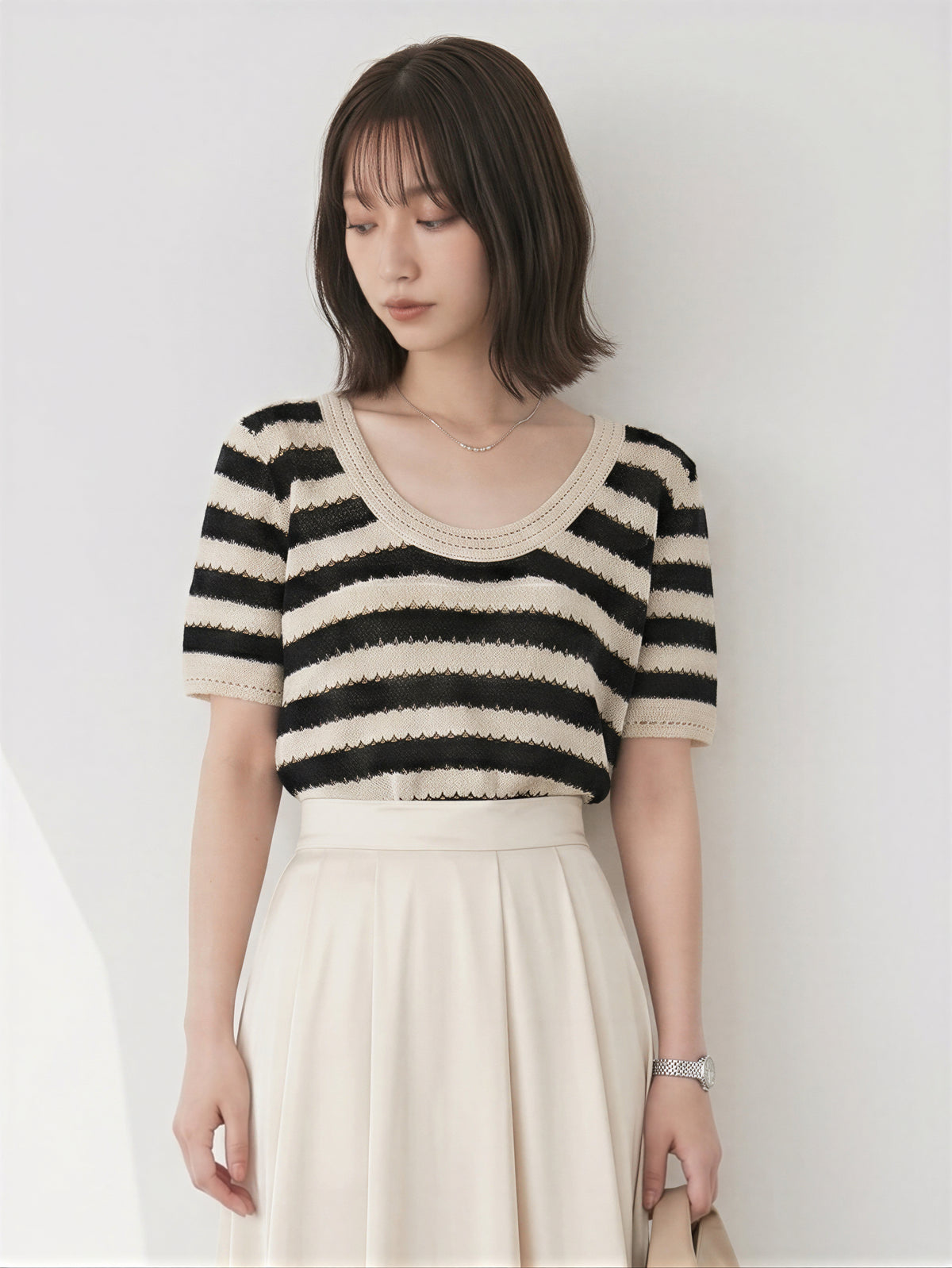 繊細でしなやか！半袖ボーダーTシャツフレンチミニニット