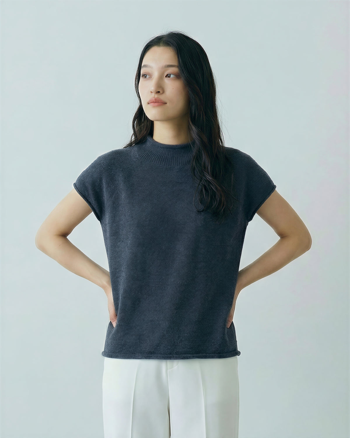 スタンドカラー 切りっぱなし風 半袖Tシャツ