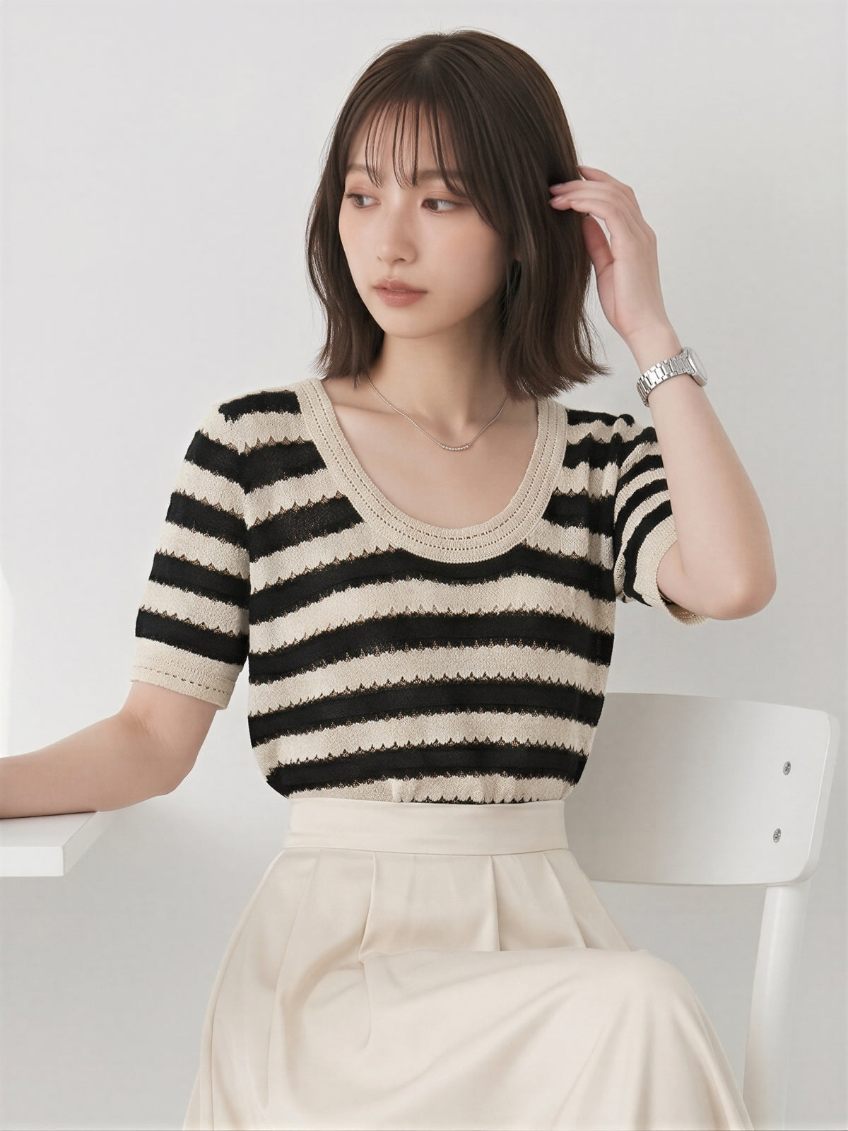 繊細でしなやか！半袖ボーダーTシャツフレンチミニニット