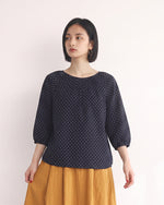 M-2XL ネイビードット ギャザー入り ゆったりブラウスXL