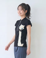 ハーフジップ スタンドカラー フリル袖 猫モチーフ 半袖Tシャツ