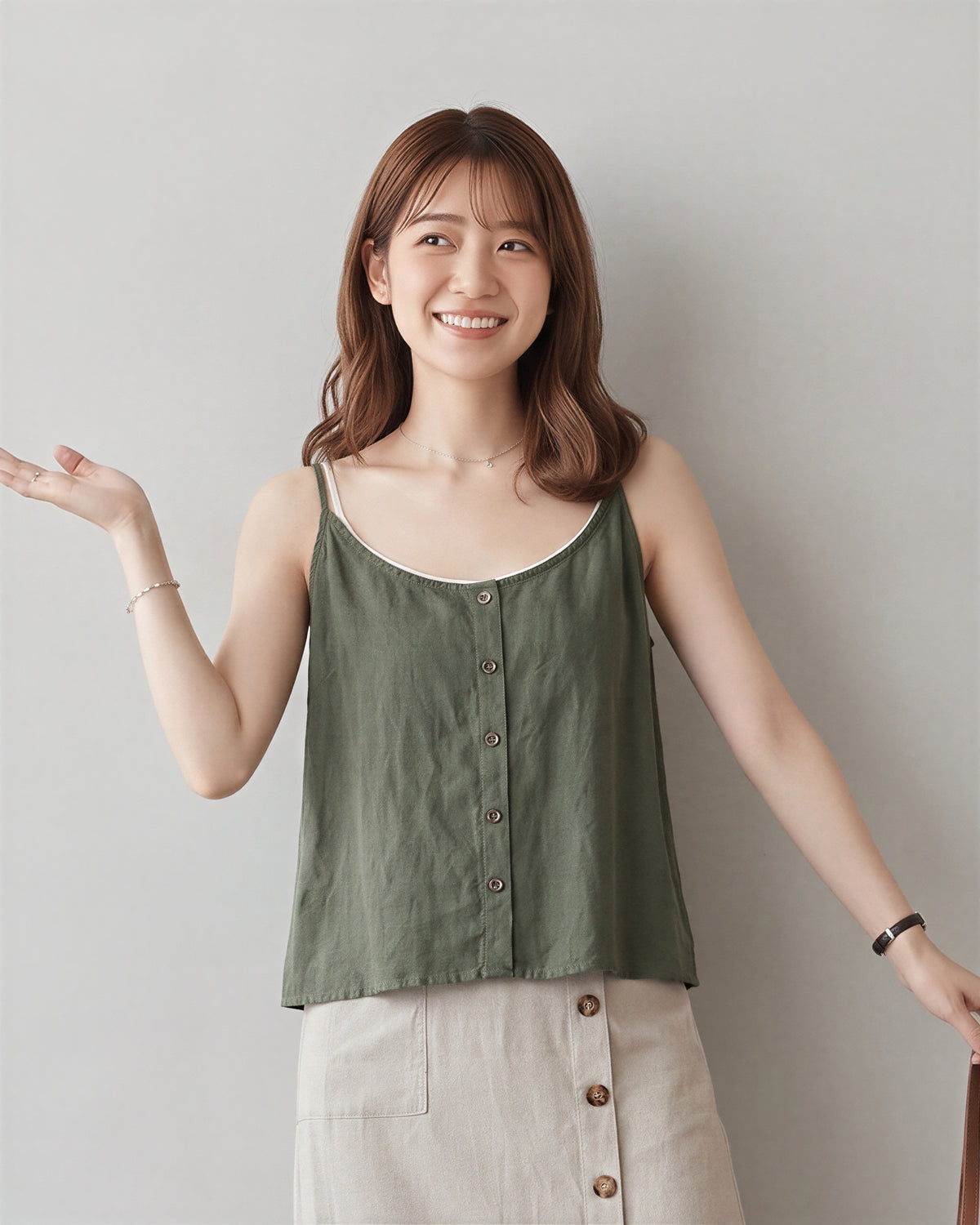 細ストラップ フロントボタン ゆったり キャミソールタンク-オリーブ-3XL