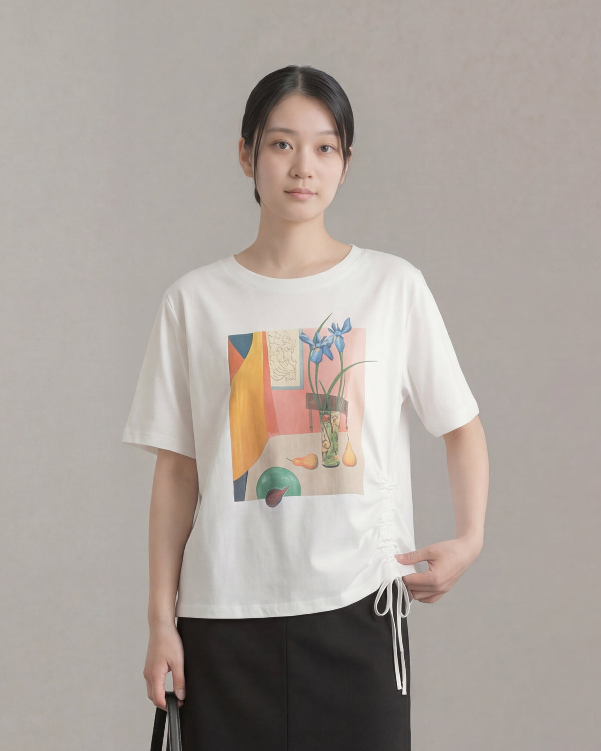 アートプリント サイドドロスト ゆったりTシャツ-ホワイト-2XL