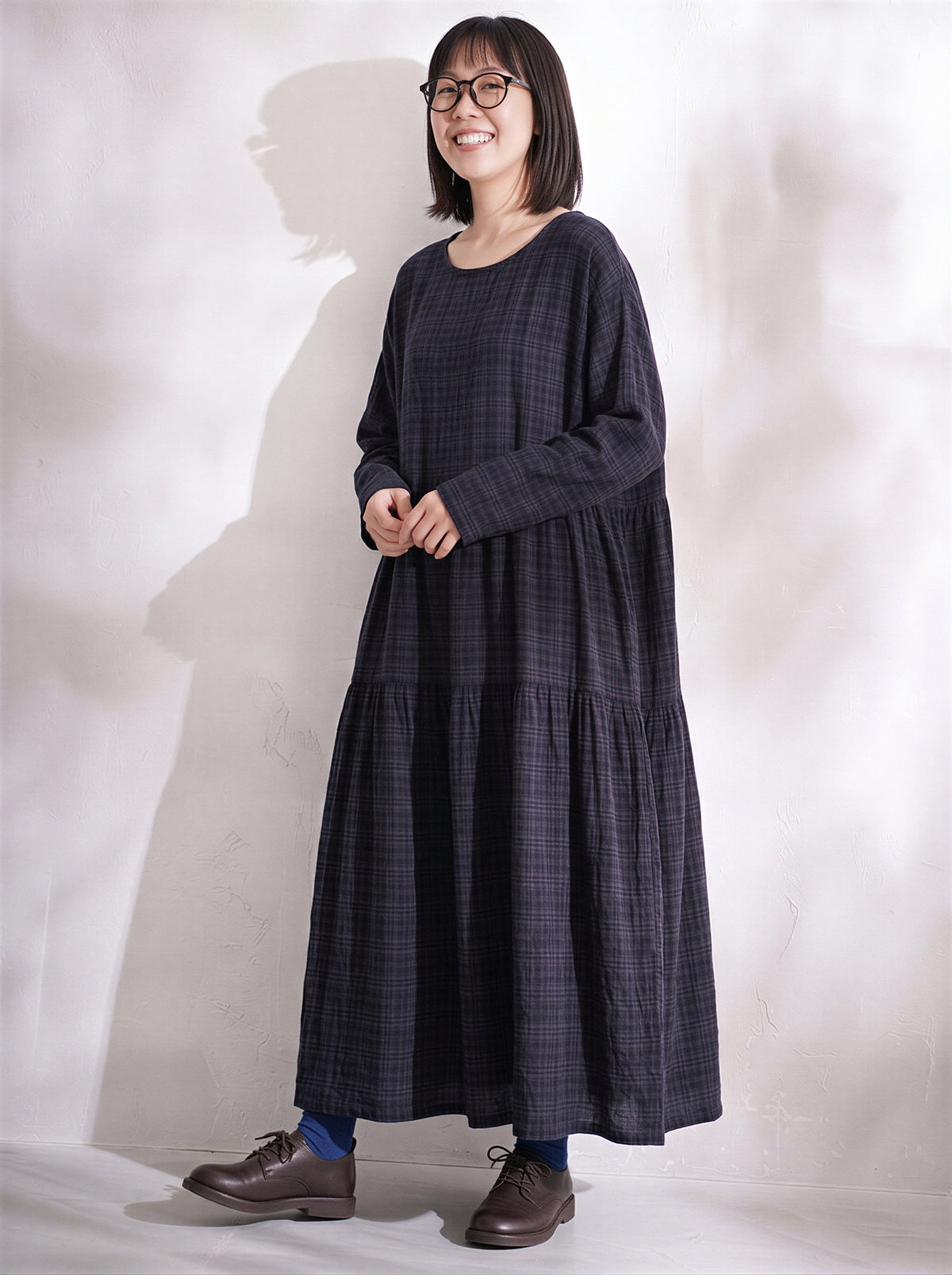 綿麻ゆったりシンプル継ぎ手長袖洋装