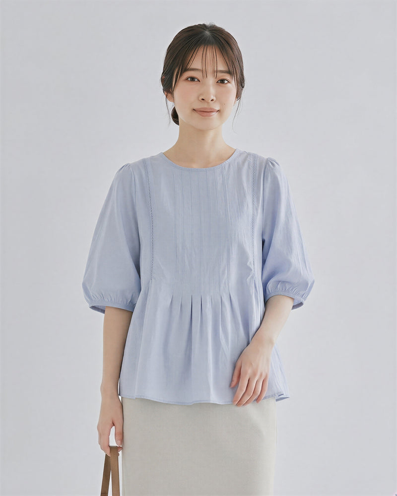 ラウンドネック プリーツウエストマークブラウス-ライトパープル-3XL