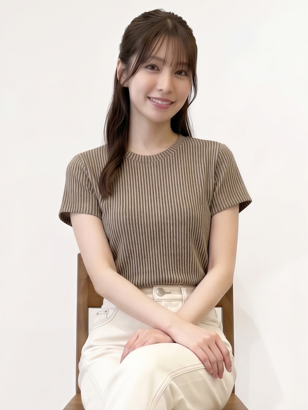 細ストライプリブスリムTシャツ-ブラウン-L