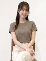 細ストライプリブスリムTシャツ-ブラウン-L