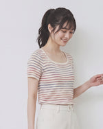 ライトピンクボーダー スクエアネック スリムフィット 半袖ニット