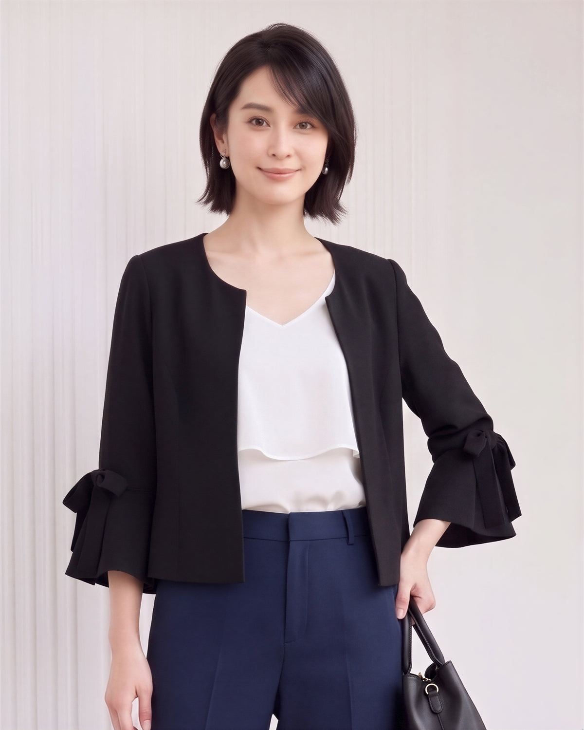 ラウンドネック フリルスリーブ リボン付き テーラードジャケット-ブラック-2XL
