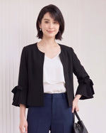 ラウンドネック フリルスリーブ リボン付き テーラードジャケット-ブラック-2XL